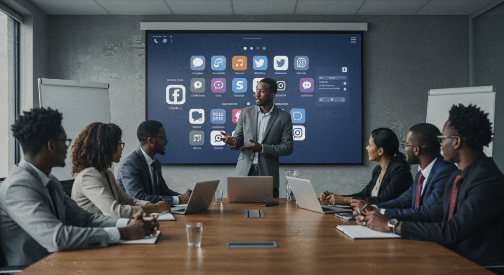 an image showing a man explaining how small business marketing works